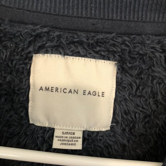 AMERICAN EAGLE Navy Blue Cream Colorblock Sherpa Pullover Crewneck Sweatshirt S - Picture 8 of 14